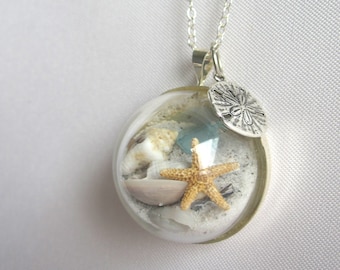 Sterling Silver Necklace w/ Real Starfish, Sea Glass, Sand and Shells - Beaches of 30-A - Handmade Beach in a Bubble Necklace- One of a Kind