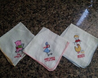 Vintage RARE Set Of 3 Children s Nursery Rhymes Hankie Handkercheifs