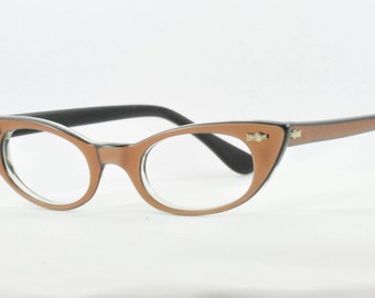 Vintage Cat Eye Glasses, NOS, Layered Brown over Black, Small Size, 1950s, 1960s