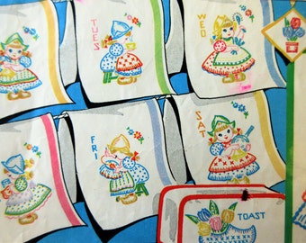 Vintage Vogart 272 Embroidery Transfers, Days of the Week Motifs, Dutch Girl, DOW Transfers, Hot Iron Transfer, Dutch Motifs, Cute Kawaii