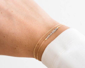 Dainty Gemstone Bracelet, Birthstone Bracelet / Gold, Rose Gold, Sterling Silver / Delicate Gemstone Bracelet Bar Layered and Long LB601