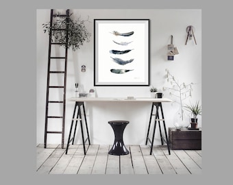 Feather art print from original watercolor painting - 5 Bird feathers - hand painted watercolor print. Black Feathers by TheClayPlay. Giclee