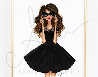 Fashion Illustration Print, Black Flare Dress, 8x10"