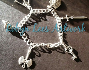 Medieval Knight Themed Silver Bracelet with Axe, Helmet, Bow & Arrow, Shield, Sword and Key