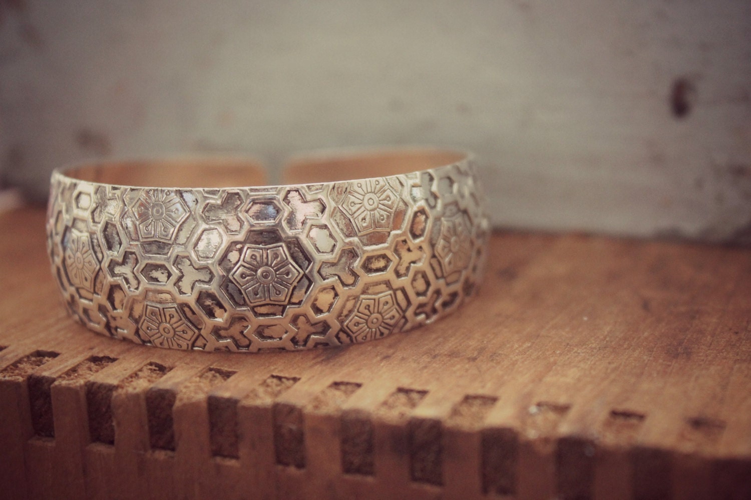 Bohemian Cuff Bracelet Silver Printed and Hammered Cuff