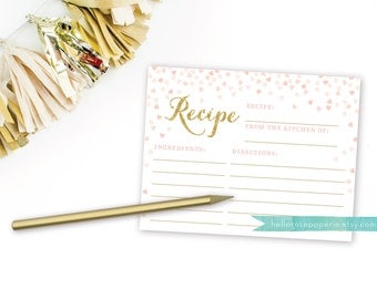 Pink and Gold Recipe Cards for Bridal Shower . 4x6 Recipe Cards Printable . Instant Download . Gold Glitter . Blush Pink Hearts