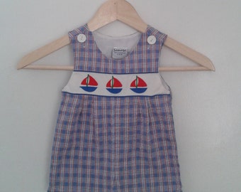 Vintage Baby Boys' Red White Blue Plaid Check Seersucker Romper Playsuit Sailboats Sz 6 - 9 Mo Nautical Traditional