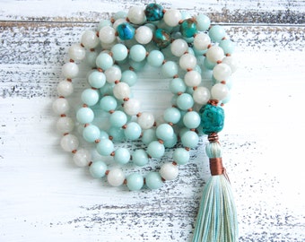 Amazonite Mala Beads 108, Moonstone Mala Necklace, Turquoise, Boho Jewelry, Meditation Beads, Yoga Jewelry, Tassel Necklace