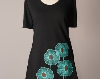 tshirt dress, black dress, black cotton dress, summer dress, turquoise screenprint