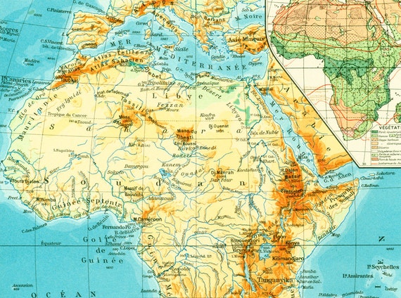 1950 Africa Map Physical Original Antique Print Vintage Large