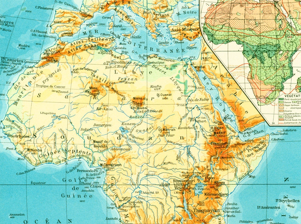 1950 Africa Map Physical Original Antique Print Vintage Large