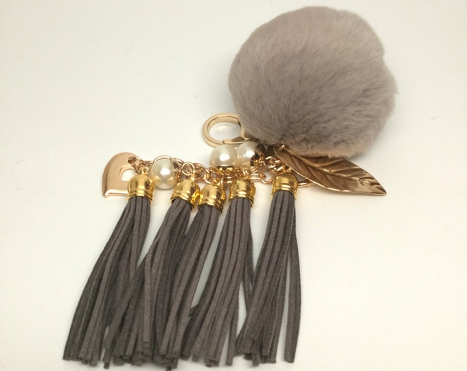 Genuine rex rabbit charm fur ball pom pom bag tassel keychain in grey with tassel elements charms pearl leaf heart