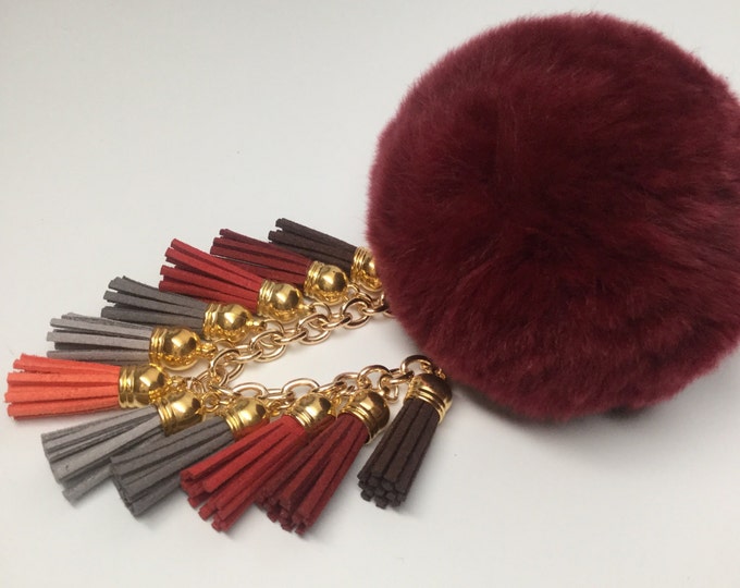 Semi-Annual Sale Fur Pom Pom "Burgundy Fringe" fluffyball pompon bag charm tassel keychain with tassel elements charms