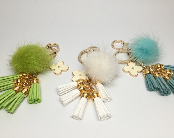 Cute Genuine Mink Fur Pom Pom Keychain with suede tassels and flower charm in Aqua