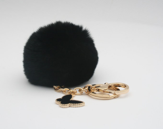 Butterfly Collection Black fur pom pom keychain REX Rabbit fur pom pom ball with butterfly charm