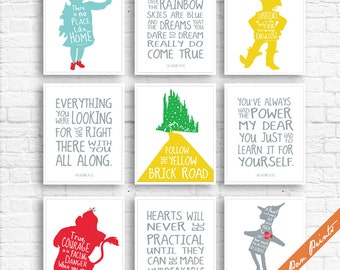 Wizard of OZ Quotes and Characters - Set of 9 Art Prints (Unframed) (Featured on Assorted Colors) Kids Room Art Prints