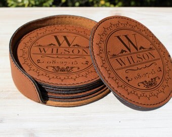 9th Anniversary Leather Gift, Leather Wedding Anniversary Gift, Leather Coasters set of 6 with holder and Personalized laser engraving
