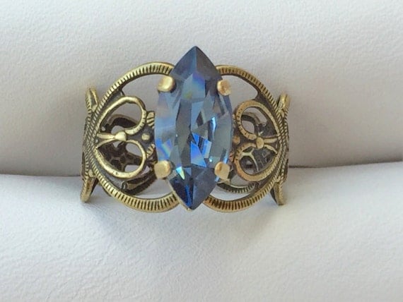 Denim Blue Crystal Marquise Cut Adjustable Filigree Ring