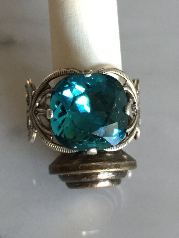 Indicolite Crystal Filigree Ring, Blue Crystal Adjustable Ring, Swarovski Blue Crystal Ring, Swarovski Indicolite Crystal Ring
