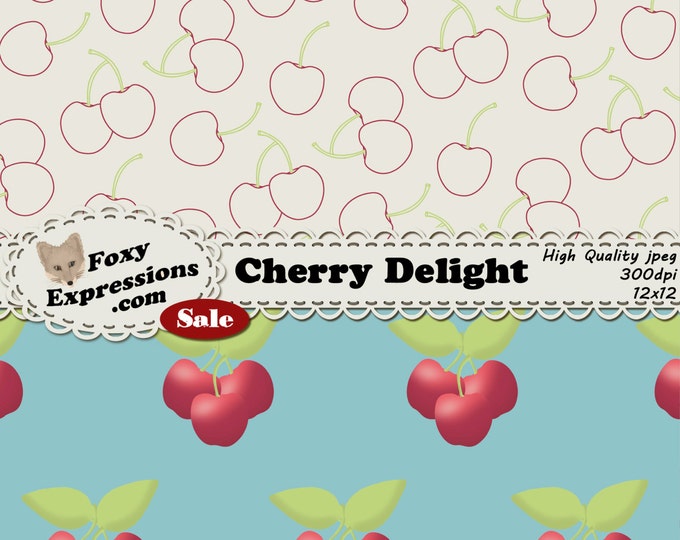 Cherry Delight digital paper comes in refreshing pink, green, blue, cream. Designs include cherries, flowers, polka dots, stripes & chevron