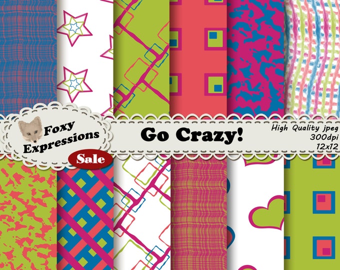 Go Crazy Scrapbooking Paper! This pack contains funky squares, doodles, stars, hearts, and ink blots in bright green, pink, blue and purple