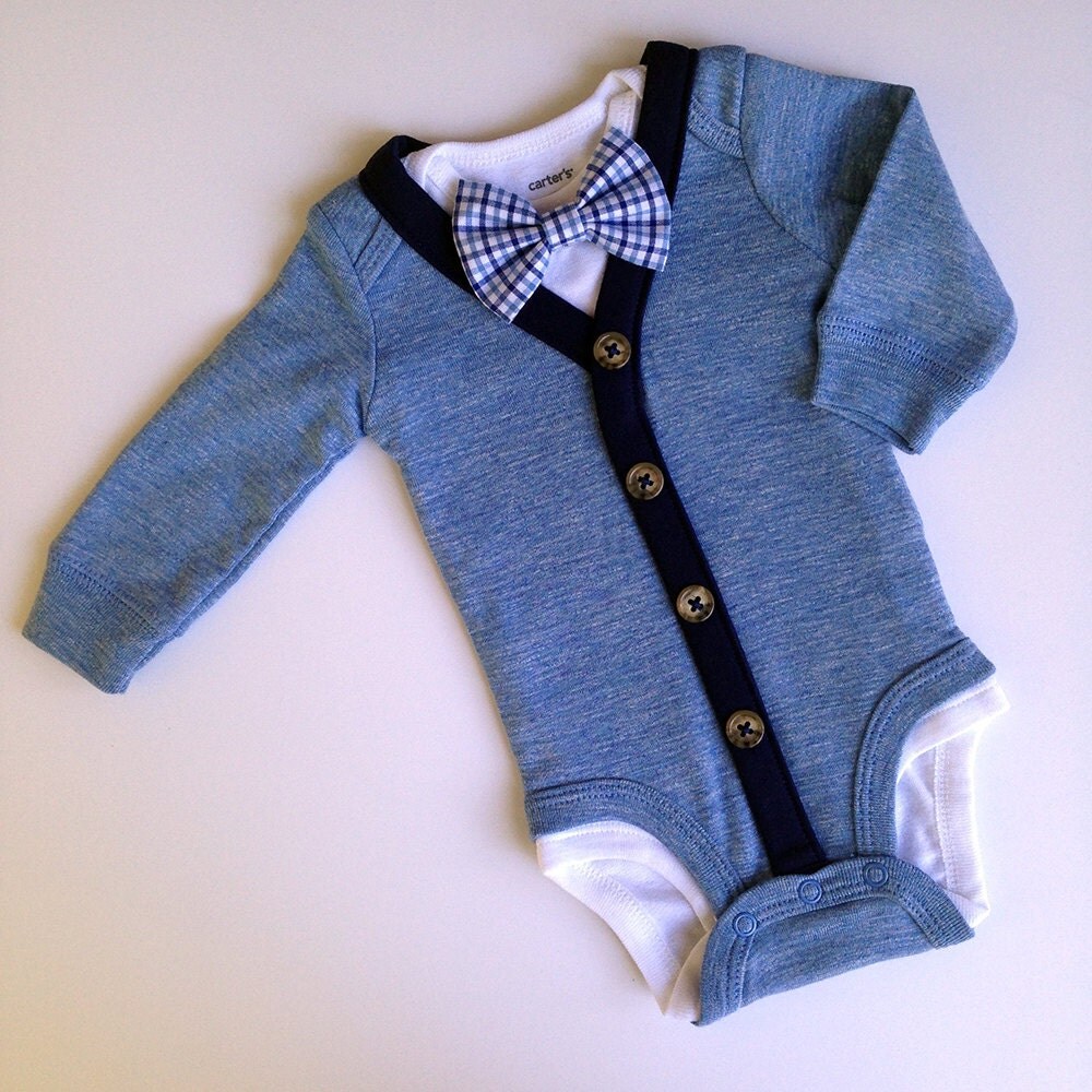12 MONTHSLight Blue/ Navy Baby Boy 4pc Cardigan Onesie & Bow