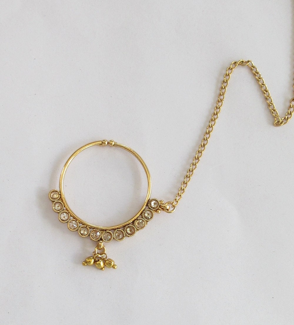 Gold Crystal Nose Ring Chain Hoop/ Indian Bridal by Beauteshoppe