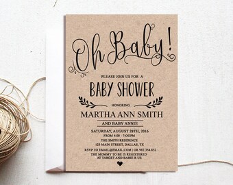 Rustic Baby Shower Invitation, Gender Neutral Baby Shower Invitations, Girl or Boy Baby Shower Invitation, Kraft Paper Invitation