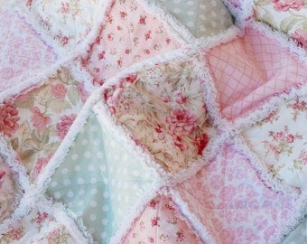 Rag Quilt, Baby Girl, Made to Order, 36 x 36, Shabby Chic, Cottage Style, Pink, Green, Peach, White, Baby Girl Quilt