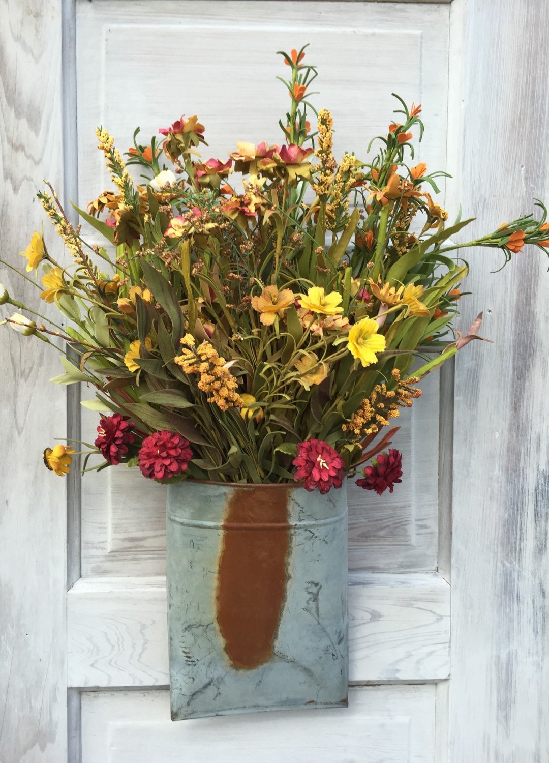 Rusty Tin Wall Pocket with Floral Arrangement Primitive