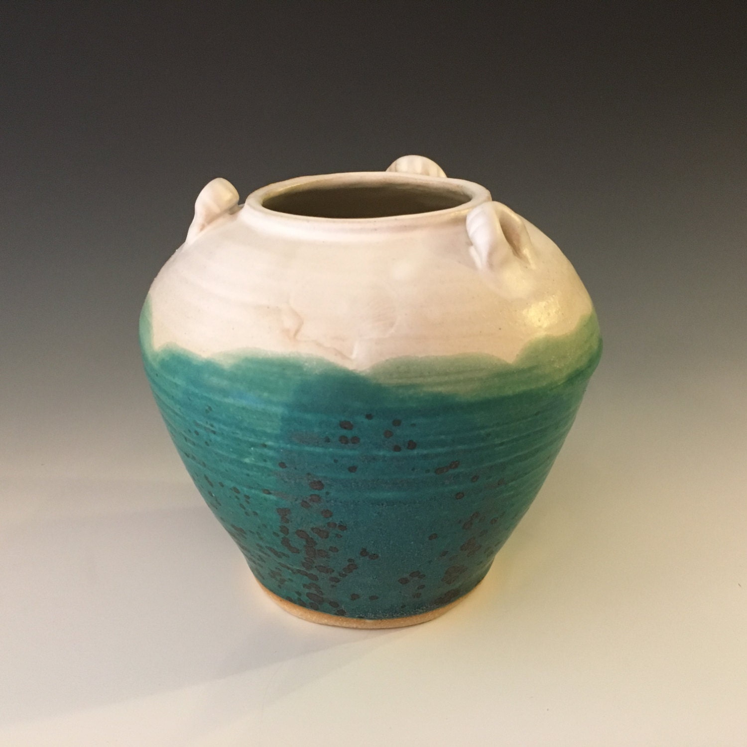Teal and White Vase Stoneware Pottery Lug Handles Shell