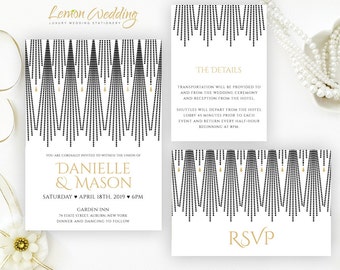 Art deco wedding invitations set | Gold and black wedding invitations printed on shimmer cardstock | Discount invitations