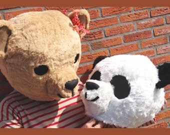 Couples costume. Panda & Teddy Bear Masks (one of each head). Fake fur handmade animal masquerade costume, giant bear mask. His and Her.