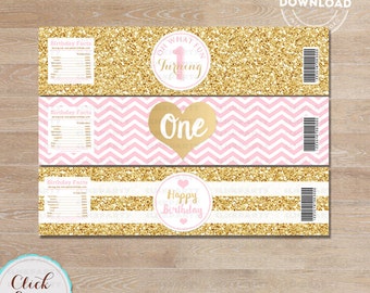 Pink and Gold Water Bottle Label, Gold Glitter 1st Birthday, ONE, first, bottle wrappers, party supplies, Birthday Party, INSTANT Download