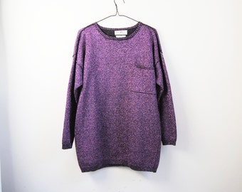 80s Metallic Purple Oversized Sweater, Vintage Sparkly Purple Knit Tunic Pullover