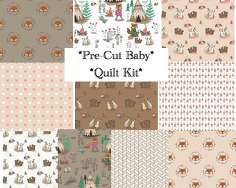 Baby Quilt Kit, Woodland Nursery, Quilting Cotton, Pre-cut Squares, Camelot, Wilderness, Fox, Teepees, Bunny, Brown, Rustic, Forest Critter