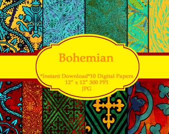 Bohemian Digital Paper Commercial Use Scrapbook 12" x 12" 300 DPI
