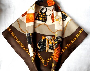 WALBUSCH Scarf, 100% Silk, Chains and Bags Design, Foulard Walbusch, Square Scarf, Vintage Scarf