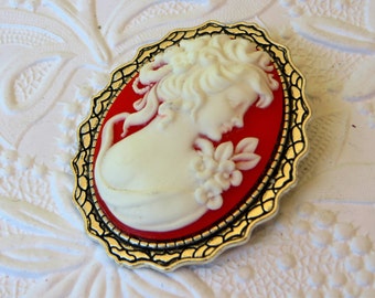 Sale - Silver Plated Brooch, Lady Cameo, White on Red Cameo, 40x30 mm, Red Cameo, on sale, gift for her