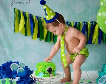 SALE! Cake Smash Outfit- YOU CHOOSE your options/Birthday hat tie diaper cover/green & royal blue polka dot bloomers
