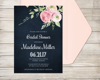 Bridal Shower Invitation, Printed Invitation with Envelope, Blush Pink Watercolor Flower Bridal Shower