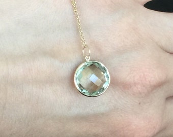 14k solid yellow gold and green amethyst large pendant charm, gemstone