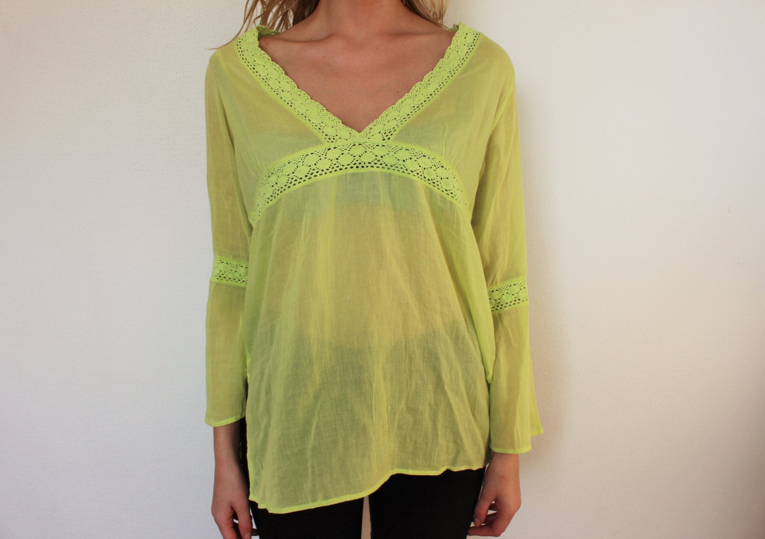 Lime Cotton Blouse Yellow Peasant Blouse Lace Embroidered