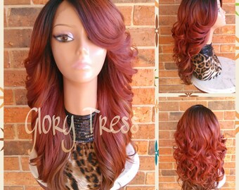 READY To SHIP // Long & Curly Lace Front Wig, Ombre Copper Red Wig, Auburn Wig, Dark Rooted Bombshell Wig // SALVATION (Free Shipping)