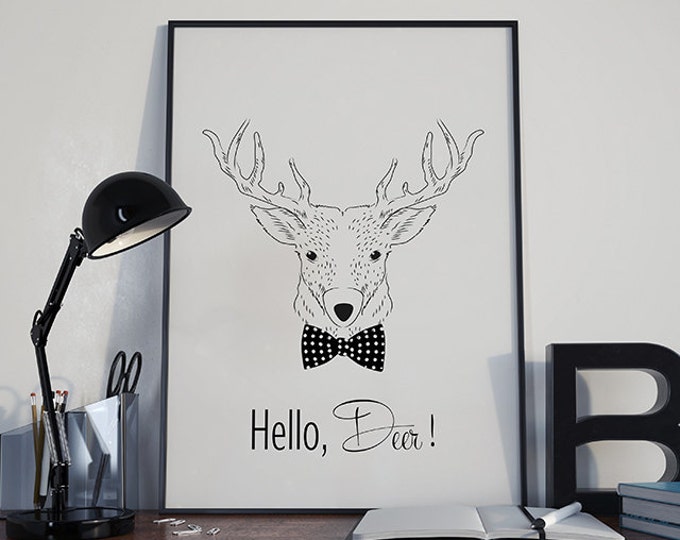 Hello Deer Printable / Minimalist Digital Print / Scandinavian Poster / Funny Wall Art / Hello Deer Poster / Animal Wall Art / Reindeer