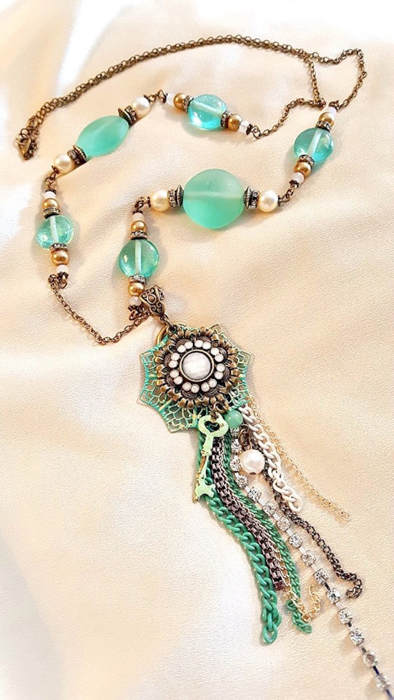 Tassel Necklace Antique Bronze And Teal Patina Tassel 0375