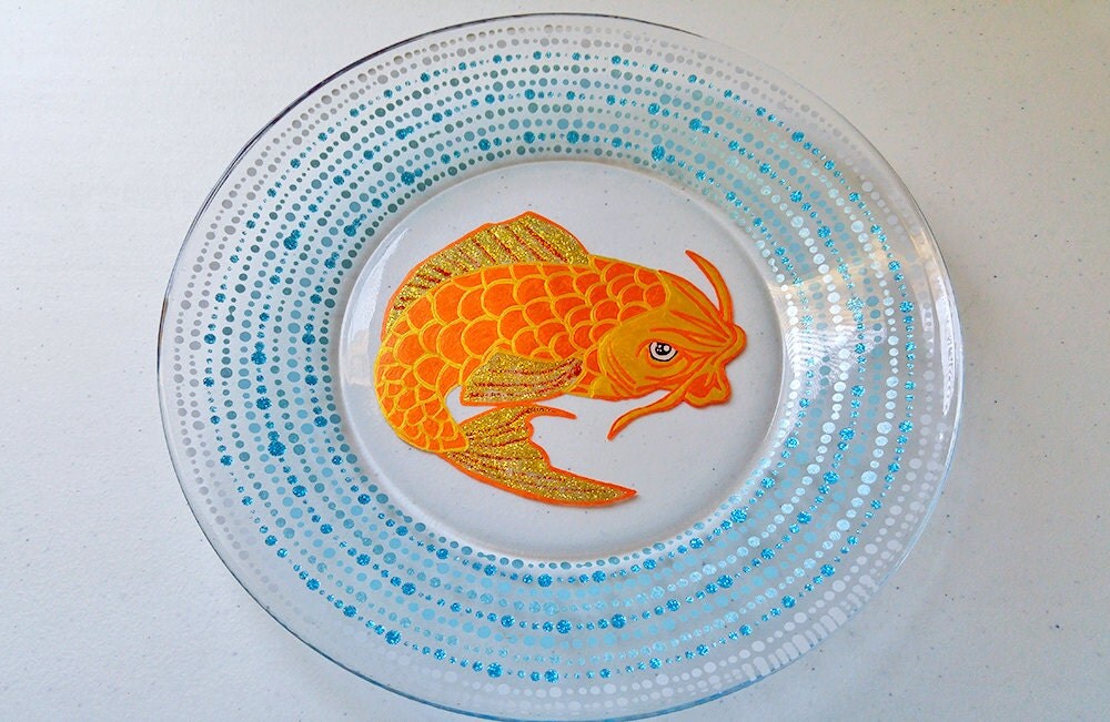 Japanese Koi Fish Hand Painted Glassware Plates Dinnerware