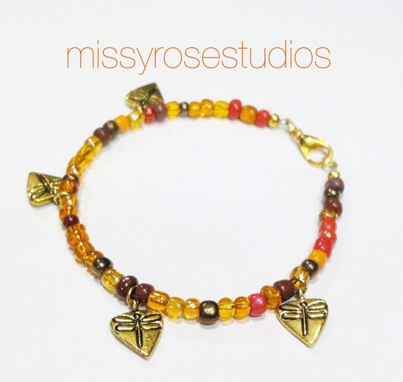 Gold Dragonfly Charm Bracelet Orange Beaded by MissyRoseStudios