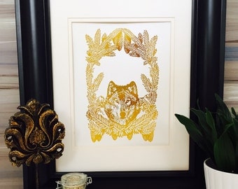 Wolf Head, wolf art, gold foil print, Real Gold Foil, wolf poster, Forest Creature Art
