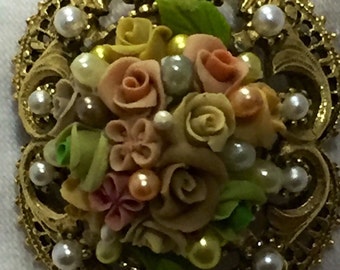 Florenza porcelain rose brooch with faux pearls